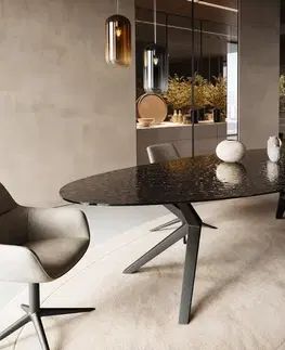 Jedálenské stoly DELIFE Jedálenský stôl Edge oválny 280x130 reliéfne sklo dymovo čierna 3D dizajn Zenthara hranatý kov čierna