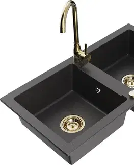 Kuchynské drezy MEXEN/S MEXEN/S - Mario granitový drez 2-bowl vrátane batérie Telma, čierna kropenatá 6504-76-670200-50
