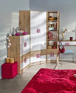 Policové skrine NIKOL 04 vysoký regál, biela/dub/tyrkysová