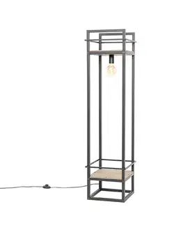 Stojace lampy Priemyselná stojaca lampa čierna s drevenými prvkami - Cage Rack