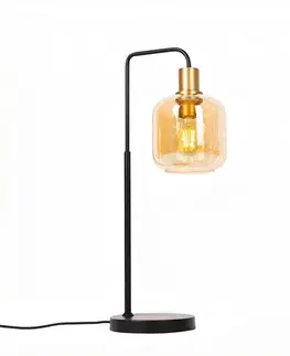 Stolné lampy Dizajnová stolná lampa čierna s mosadzou a jantárovým sklom - Zuzanna