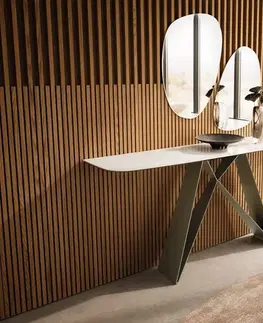 Konzolové stolíky DELIFE Konzolový stolík Edge zaoblený tvar 180×40 cm keramika onyx šampanské Velio kov titánová farba