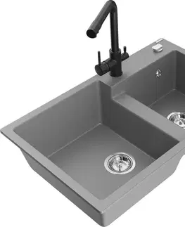 Kuchynské drezy MEXEN/S MEXEN/S - Tomas granitový drez 2-bowl vrátane batérie Duero, šedá 6516-71-671600-70