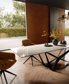 Jedálenské stoly DELIFE Jedálenský stôl Edge 300×100 cm keramika onyx šampanské pavúk plochá oceľ čierna