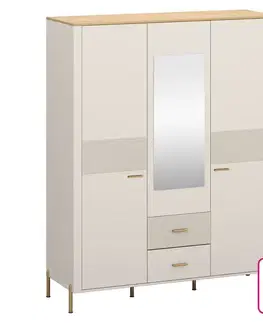 Šatníkové skrine KONDELA Runol 3D2S trojdverová šatníková skriňa so zrkadlom kašmír / dub kamenný