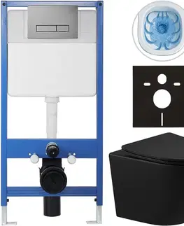 Záchody CERANO - Kompletný podomietkový WC set Lite/Cesso - čierna matná - WC tlačidlo Slim, tmavo šedá - predstenová inštalácia / sadrokartón - 49x36 CER-653240