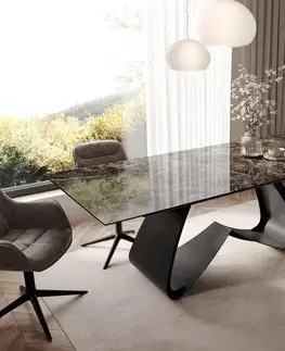 Jedálenské stoly DELIFE Jedálenský stôl Edge 180-220x100 keramika Laminam® Emperador Extra Lucidato tmavohnedá podstava v tvare W čierna rozkladací