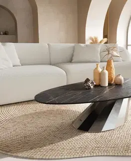 Konferenčné stolíky DELIFE Konferenčný stolík Edge oválny 140x75 cm keramika Laminam® Noir Desir hnedá Parabi nerezová oceľ kefovaná