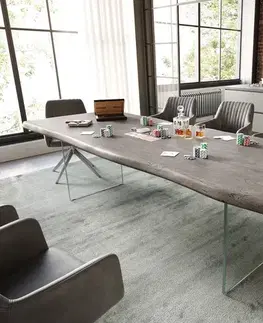 Jedálenské stoly DELIFE Jedálenský stôl Edge 260×100 XL akácia platinová sklo Live-Edge