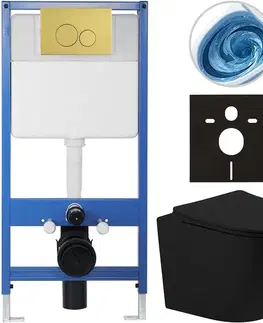 Záchody CERANO - Kompletný WC set Profi/Cesso - čierna matná - WC tlačidlo Duo. zlatá - predstenová inštalácia - 49x36 CER-8050BD84355