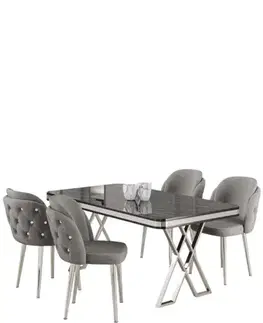 Jedálenské sety Dining Table & Chairs Set (5 Pieces) Rigel - Black Marble, Chrome, Grey