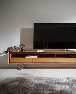 Televízne stolíky DELIFE TV stolík Stonegrace 240 cm akácia prírodná 2 priehradky 4 zásuvky kamenná dyha podstava v tvare V