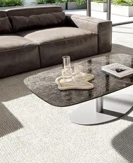 Konferenčné stolíky DELIFE Konferenčný stolík Edge zaoblený tvar 120x70 cm keramika Laminam® Emperador Extra Lucidato tmavohnedá Vibany nerezová oceľ kefovaná
