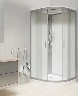 Vane Mereo Sprchový box, štvrťkruh, 80 cm, satin ALU, sklo Point, zadné steny biele, SMC vanička, so strieškou CK35172KBSW