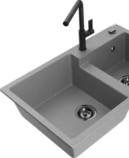 Kuchynské drezy MEXEN/S MEXEN/S - Tomas granitový drez 2-bowl vrátane batérie Flora, šedá 6516-71-670401-70-B