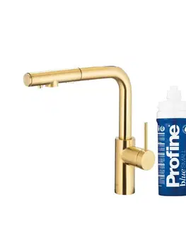 Kúpeľňové batérie KFA - Batéria Duero pure basic pull-out, filter. s otočnou výtokovou armatúrou, brúsené svetlé zlato + profine blue 6623-113-39