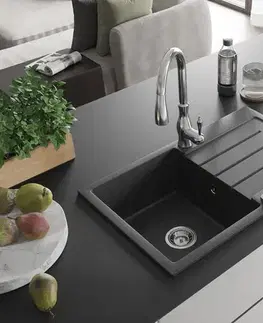 Kuchynské drezy MEXEN/S MEXEN/S - Bruno granitový drez 1 s odkvapkávačom vrátane batérie Savita, čierna kropenatá 6513-76-672601-00