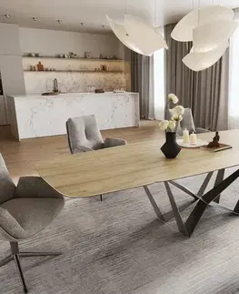 Jedálenské stoly DELIFE Jedálenský stôl Edge zaoblený tvar 200-300×120 cm keramika Laminam® sabbia dubová farba pavúk plochá nerezová oceľ grafit rozkladací