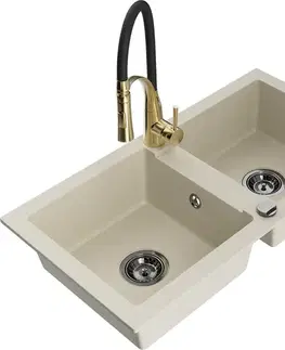 Kuchynské drezy MEXEN/S MEXEN/S - Mario granitový drez 2-bowl vrátane batérie Aster, bážová 6504-69-73450-57-B