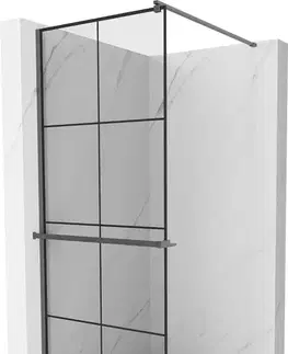 Sprchové dvere MEXEN/S - Kioto+ Sprchová zástena WALK-IN s poličkou a držiakom uterákov 90 x 200, čierny vzor, grafit kartáčovaná 800-090-121-66-77