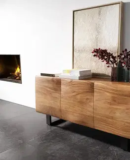 Komody DELIFE Komoda New Live-Edge 145 cm akácia prírodná 3 dvierka kovová podstava čierna