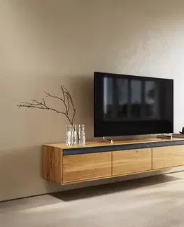 Televízne stolíky DELIFE Dizajnový TV stolík Stonegrace 200 cm dub prírodná bridlica 4 zásuvky závesný