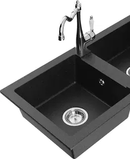 Kuchynské drezy MEXEN/S MEXEN/S - Mario granitový drez 2-bowl vrátane batérie Carla, čierna/strieborná metalík 6504-73-670700-00