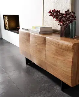 Komody DELIFE Komoda New Live-Edge 145 cm akácia prírodná 3 dvierka podstava závesná kov čierna