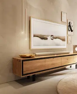 Televízne stolíky DELIFE TV stolík Stonegrace 200 cm dub prírodný 4 dvierka podstava štvorcová kov čierna