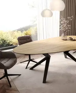 Jedálenské stoly DELIFE Jedálenský stôl Edge oválny 220x120 keramika Laminam® sabbia dubová farba Zenthara hranatý kov čierny