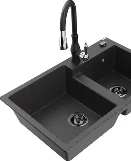 Kuchynské drezy MEXEN/S MEXEN/S - Tomas granitový drez 2-bowl vrátane batérie Savita, čierna kropenatá 6516-76-672601-70-B