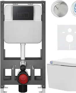 Záchody CERANO - Závesné WC s bidetom Basic/Cronus Standard - biela lesklá - WC tlačidlo Modulo/Čierna - voľne stojaca - predstenová inštalácia - 59,3x38,4 CER-8050BD86457