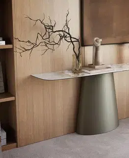 Konzolové stolíky DELIFE Konzolový stolík Edge zaoblený tvar 180×40 cm keramika Minas Melange bielo-béžová Conos kov titánová farba