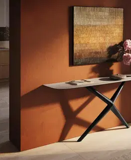 Konzolové stolíky DELIFE Konzolový stolík Edge zaoblený tvar 180×40 cm keramika Laminam® Travertino Bianco krémovo biela Estelo kov čierna