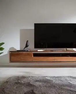 Televízne stolíky DELIFE TV stolík Stonegrace 240 cm akácia hnedá 2 dvierka 2 zásuvky 1 priehradka kamenná dyha závesný