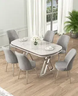 Jedálenské sety Dining Table & Chairs Set (7 Pieces) Lai - White, Chrome, Grey