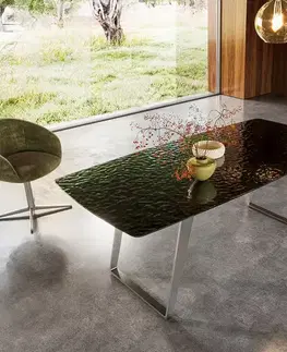 Jedálenské stoly DELIFE Jedálenský stôl Edge zaoblený tvar 200x100 reliéfne sklo dymovo čierna 3D dizajn nerezová oceľ skosený