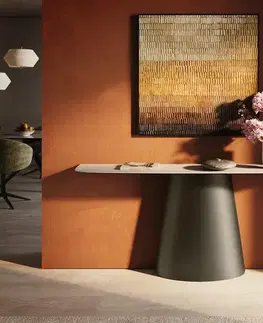 Konzolové stolíky DELIFE Konzolový stolík Edge zaoblený 180×40 cm keramika Laminam® Travertino Bianco krémovo biela Conos kov titánová farba