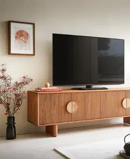 Televízne stolíky DELIFE TV stolík Surimu 175 cm akácia svetlohnedá 4 dvierka korková rukoväť drevené nohy