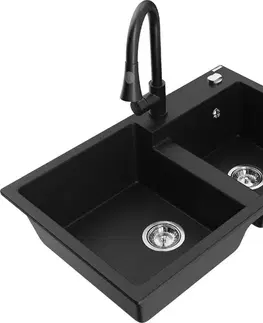 Kuchynské drezy MEXEN/S MEXEN/S - Tomas granitový drez 2-bowl vrátane batérie Elia, čierna 6516-77-670101-70