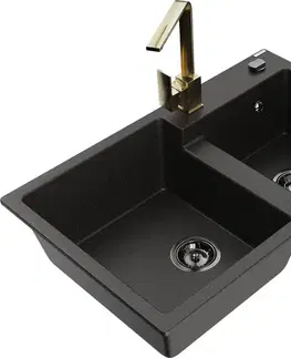 Kuchynské drezy MEXEN/S MEXEN/S - Tomas granitový drez 2-bowl vrátane batérie Rita, čierna/zlatá metalik 6516-75-670300-50-B