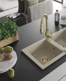 Kuchynské drezy MEXEN/S MEXEN/S - Mario granitový drez 2-bowly vrátane batérie Savita, béžová 6504-69-672601-50
