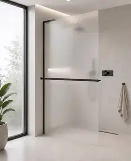 Sprchové dvere CERANO - Sprchová zástena Walk-in Onyx L-ľavá vzpera - 8 mm + polička / držiak na uteráky - čierna matná, mliečne sklo - 90x200 CER-8050BD827
