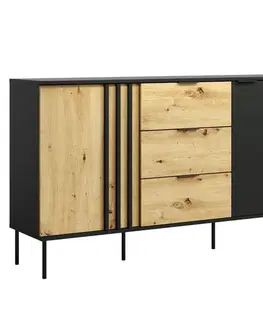 Komody KONDELA Rimina 2D3S dvojdverová komoda so zásuvkami čierna onyx / dub artisan