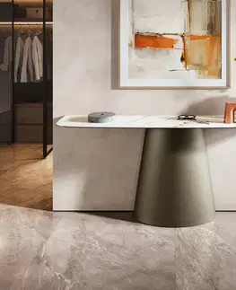 Konzolové stolíky DELIFE Konzolový stolík Edge zaoblený tvar 180×40 cm keramika Calacatta Luxe bielo-zlato-šedá Conos kov titánová farba
