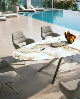 Záhradné stoly DELIFE Záhradný stôl Edge oválny 280x130 cm keramika Minas Melange bielo-béžová krížová podstava obdĺžnik nerezová oceľ
