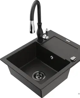 Kuchynské drezy MEXEN/S MEXEN/S - Enzo granitový drez 1 s odkvapkávačom vrátane batérie Savita, čierna/zlatá metalik 6506-75-672601-70-B