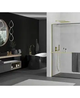 Sprchové dvere MEXEN/S - Kioto+ L Sprchová zástena WALK-IN s poličkou a držiakom uterákov 60 x 200, čierny vzor, zlatá kartáčovaná 800-060-123-55-70