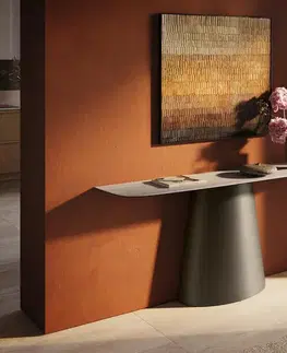 Konzolové stolíky DELIFE Konzolový stolík Edge zaoblený 180×40 cm keramika Laminam® Travertino Bianco krémovo biela Conos kov titánová farba