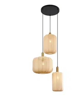 Závesné svietidlá Japandi závesná lampa čierna a zlatá s béžovým tienidlom 3-Lights - Pluni